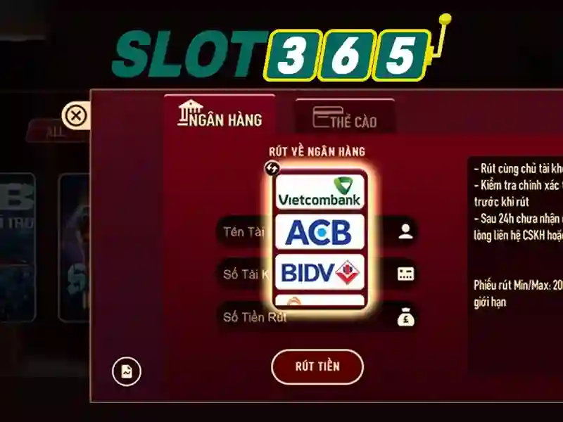 Giao diện trang chủ Slot365 với các tùy chọn thanh toán và rút tiền an toàn
